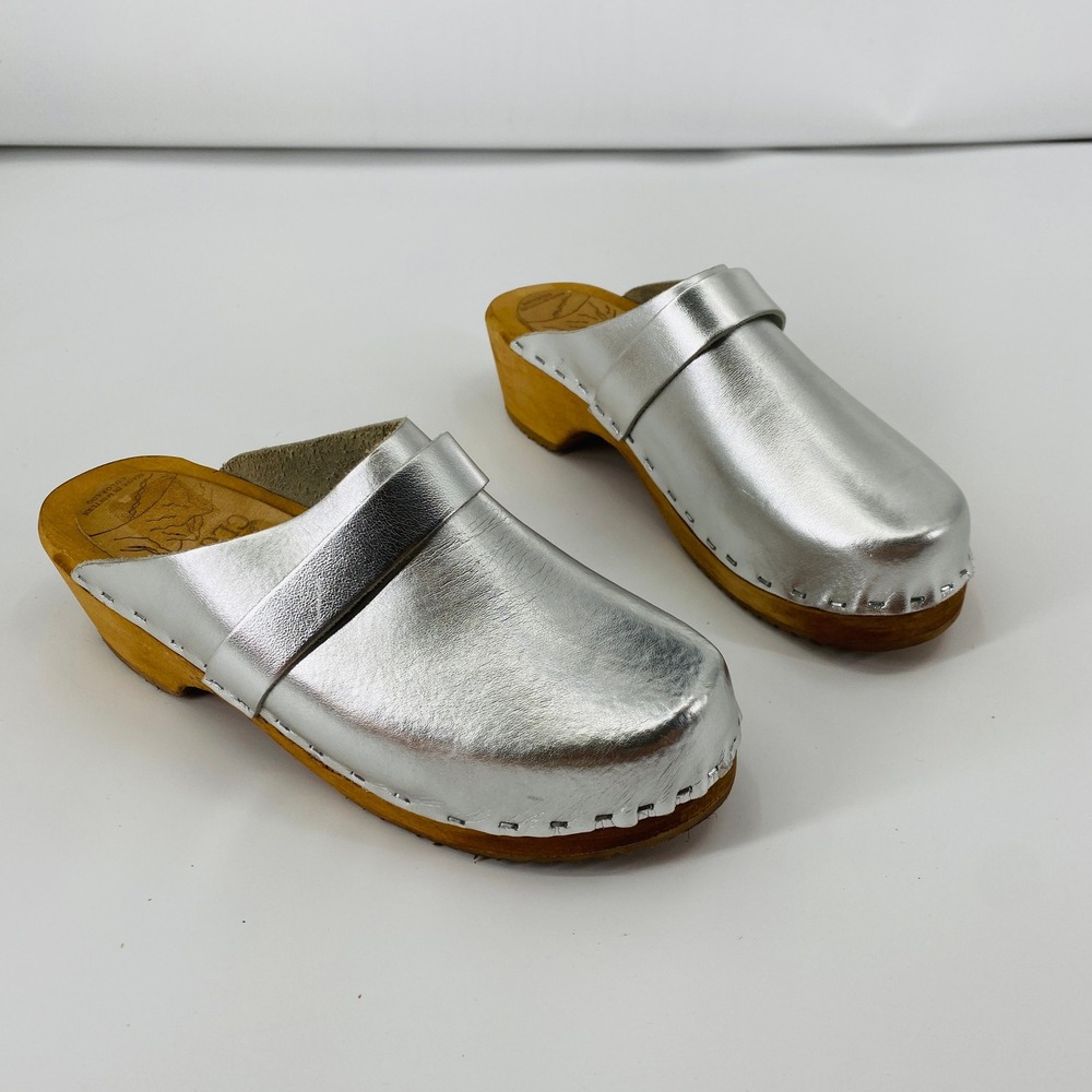 Tessa Clogs Women 37 Silver Metallic Leather Swedish Wood Platform Mules‎